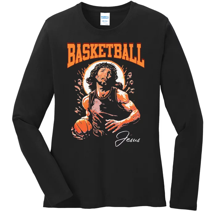 Basketball and Jesus Christian God Love Sport Player Fan Ladies Long Sleeve Shirt