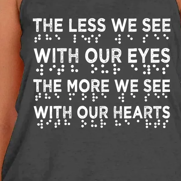 Braille Awareness Less Eyes More Heart Impaired Dots Braille Women's Knotted Racerback Tank