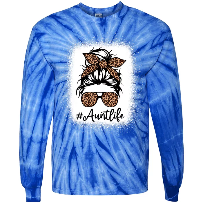 Best Aunt Life Messy Bun Leopard Bleached Auntie Mothers Day Great Gift Tie-Dye Long Sleeve Shirt