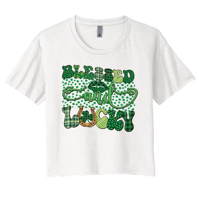 Blessed And Lucky Plaid Shamrock St Pattricks Day Women's Crop Top Tee