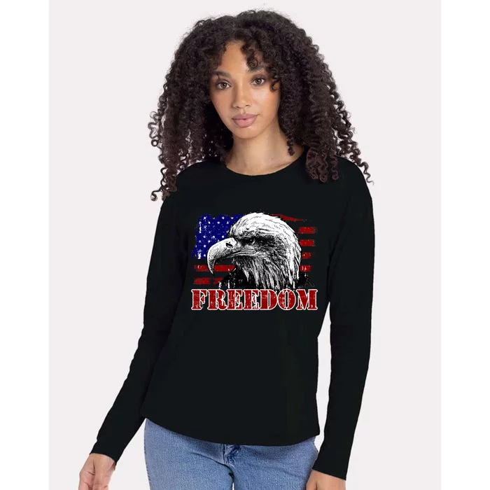 Bald Eagle Distressed USA Flag Freedom 4th of July Womens Cotton Relaxed Long Sleeve T-Shirt