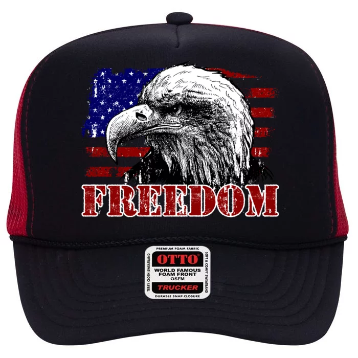 Bald Eagle Distressed USA Flag Freedom 4th of July High Crown Mesh Trucker Hat