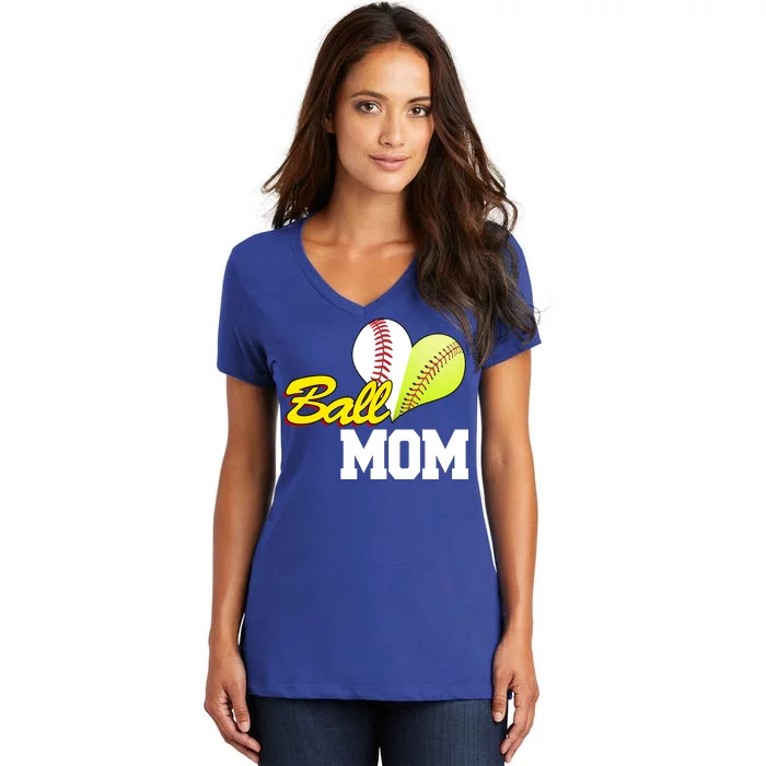 Ball Mom Heart Baseball Fan Women's V-Neck T-Shirt