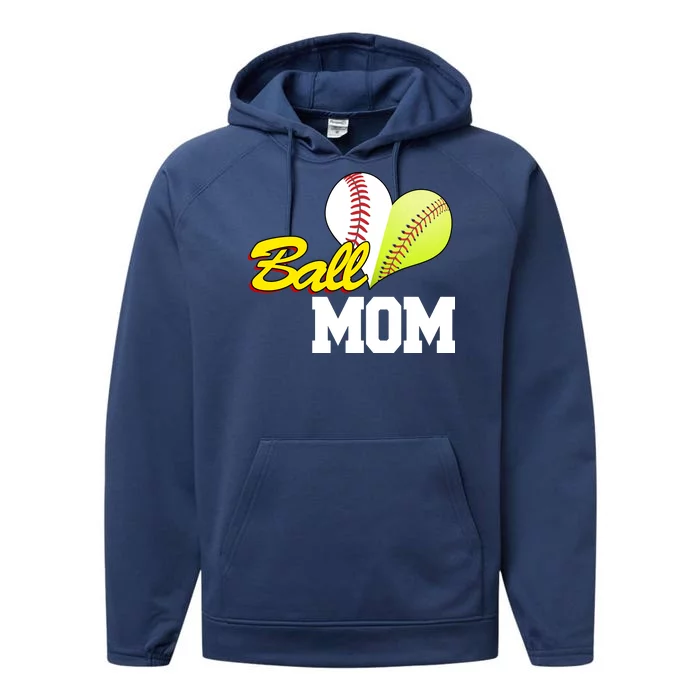 Ball Mom Heart Baseball Fan Performance Fleece Hoodie