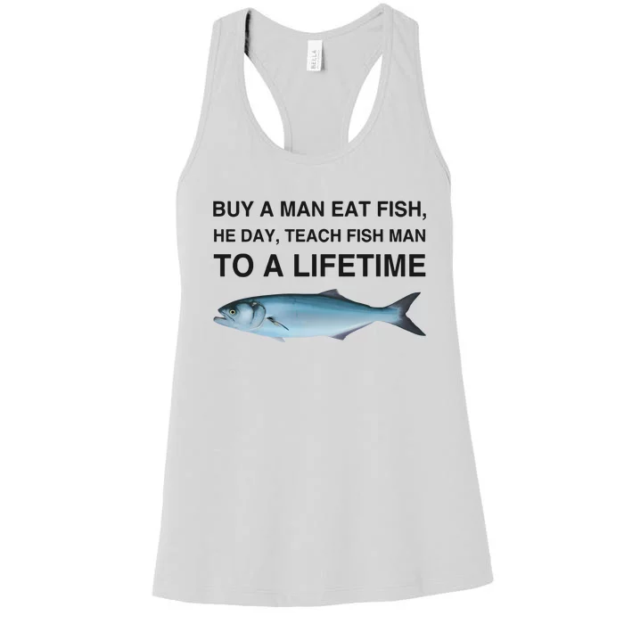 Buy A Man Eat Fish He Day Teach Fish Man To A Lifetime Funny Meme Women's Racerback Tank