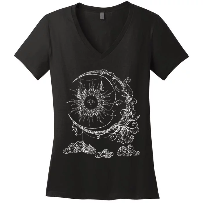 Bohemian Aesthetic Moon Sun Astrology Science Astronomy Women's V-Neck T-Shirt