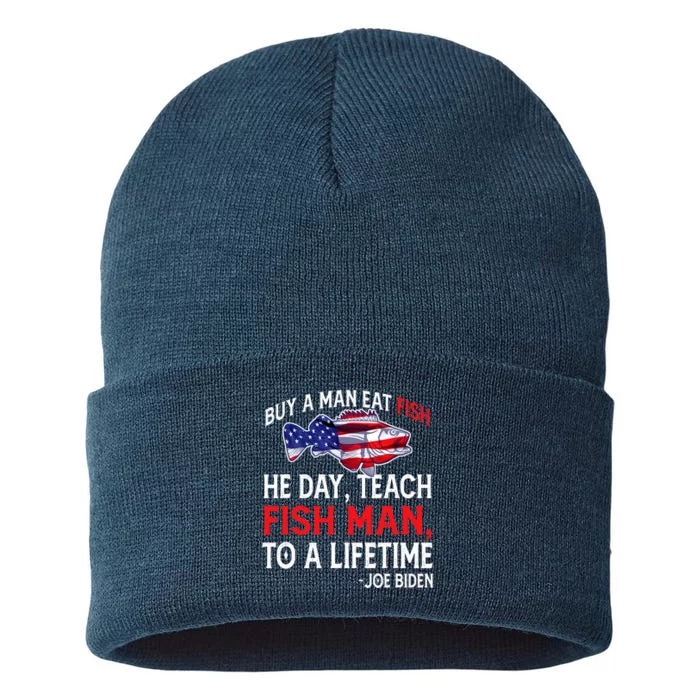 Buy A Man Eat Fish Funny Joe Biden Quote Sustainable Knit Beanie