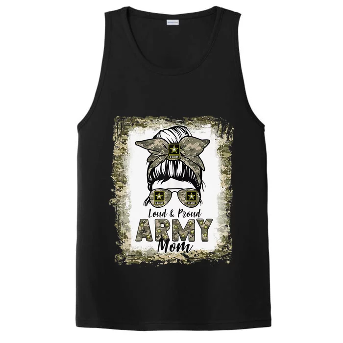 Bleached Army Mom Messy Bun Loud and Proud Army Mom Performance Tank