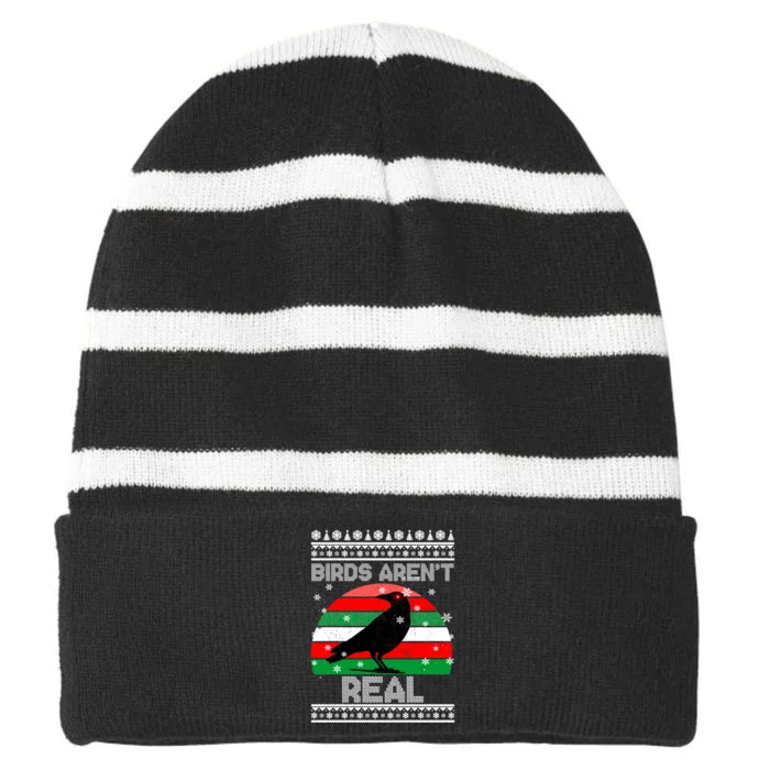 Bird Are Not Real Conspiracy Ugly Christmas Sweater Striped Beanie with Solid Band