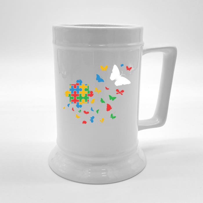 Butterfly Autism Puzzle Autistic Autism Awareness Gift Front & Back Beer Stein