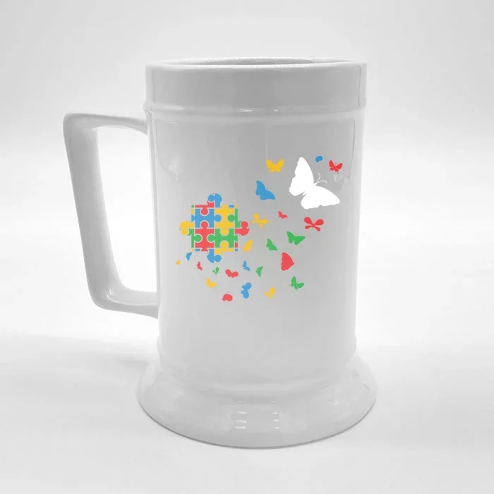 Butterfly Autism Puzzle Autistic Autism Awareness Gift Front & Back Beer Stein