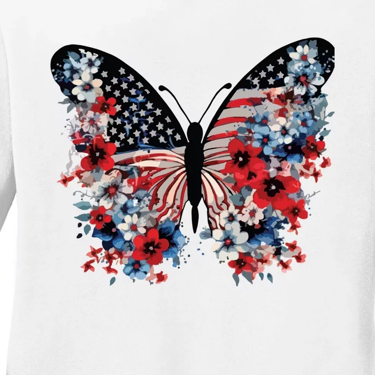 Butterfly America Patriotic 4th Of July Ladies Long Sleeve Shirt