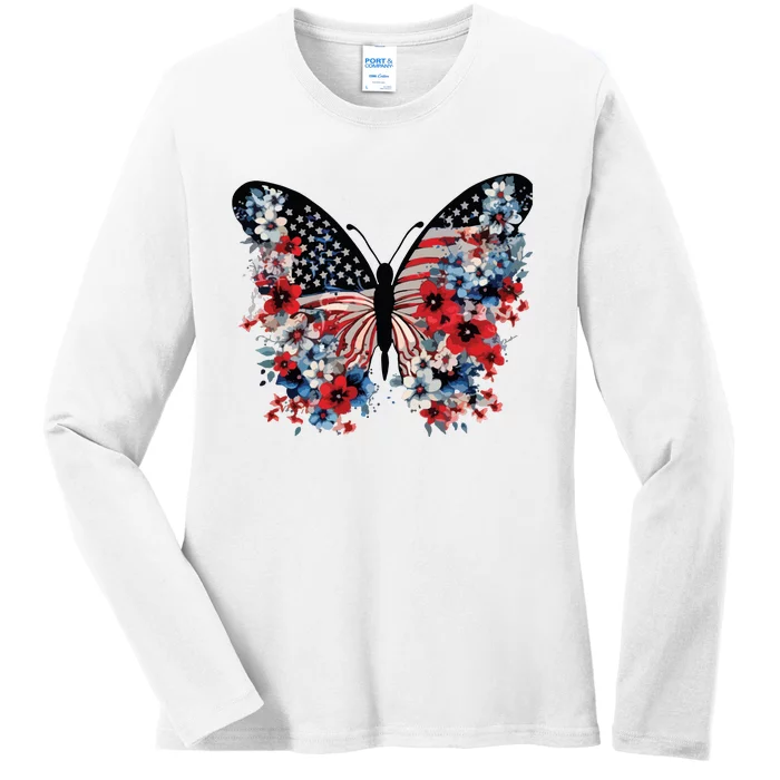 Butterfly America Patriotic 4th Of July Ladies Long Sleeve Shirt