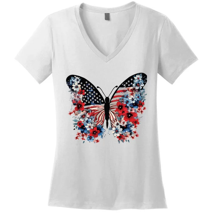 Butterfly America Patriotic 4th Of July Women's V-Neck T-Shirt