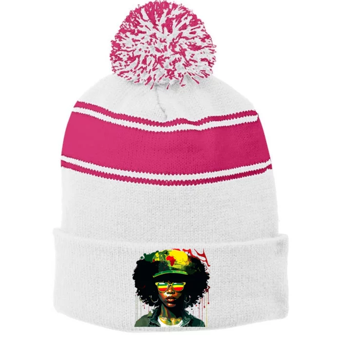 Black Afro Queen Melanin Dripping African Juneteenth Stripe Pom Pom Beanie