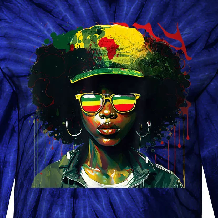 Black Afro Queen Melanin Dripping African Womens Juneteenth Tie-Dye Long Sleeve Shirt