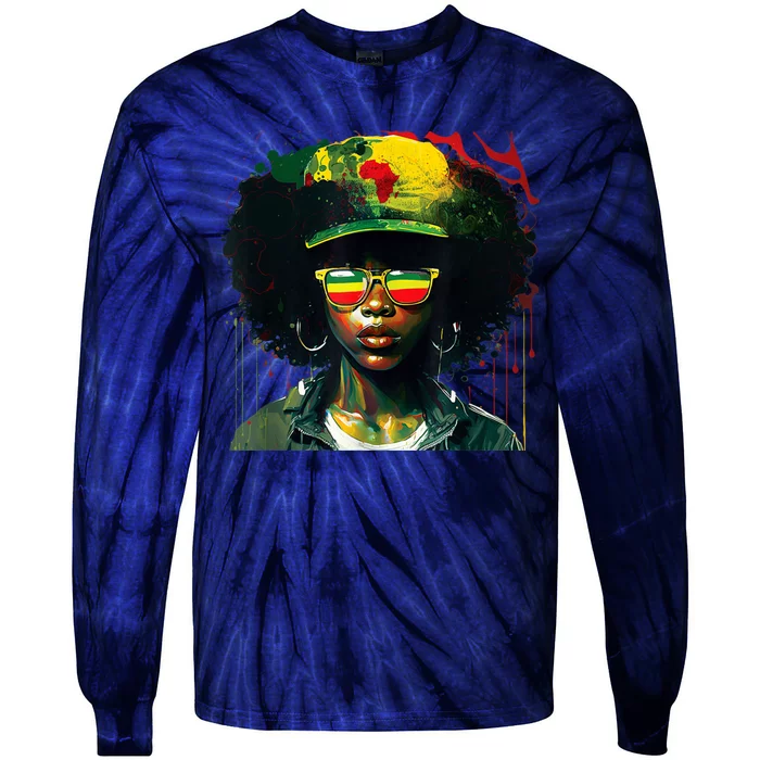 Black Afro Queen Melanin Dripping African Womens Juneteenth Tie-Dye Long Sleeve Shirt