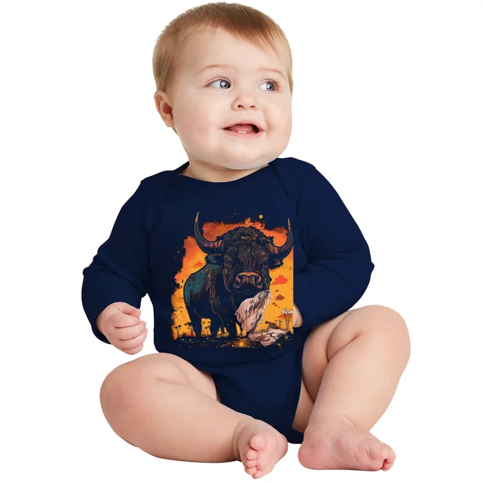 Buffalo Animal Retro Style Graphic Tees for Boy Baby Long Sleeve Bodysuit