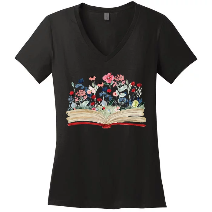 Bookworm Avid Reader Flowers Literature Book Reading Women's V-Neck T-Shirt