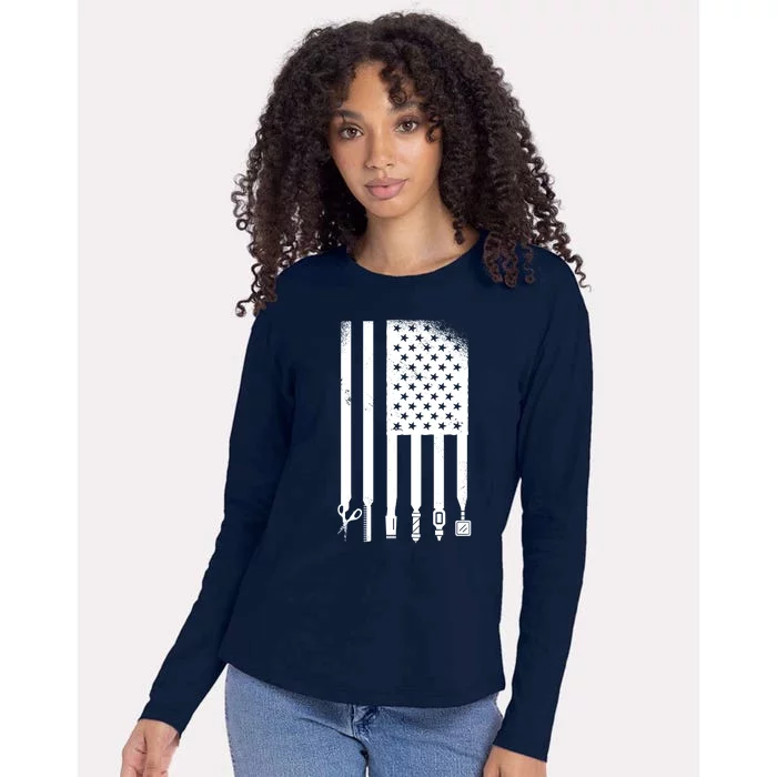 Barber Hair Style USA Flag Womens Cotton Relaxed Long Sleeve T-Shirt