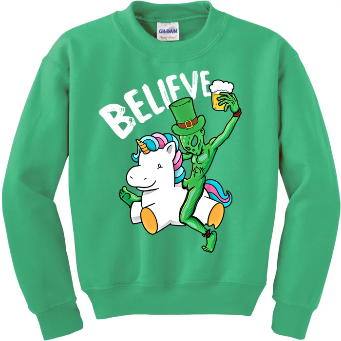 Believe Alien St Patricks Day Ing Unicorn Irish Funny Gift Kids Sweatshirt