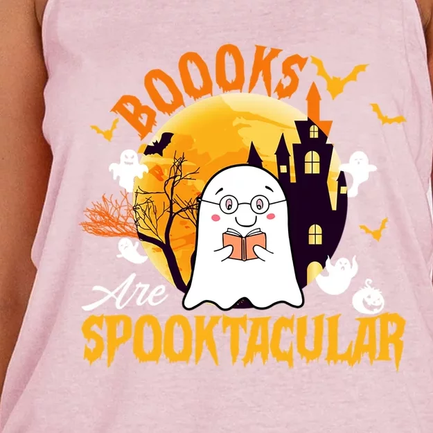 Boooks Are Spooktacular Cute Ghost Read Books Halloween Great Gift Women's Knotted Racerback Tank