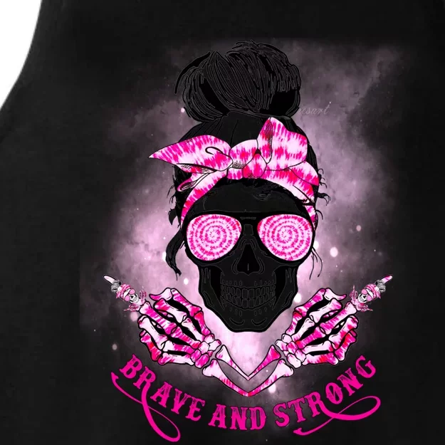 Brave And Strong Skull Mom Messy Bun Breast Cancer Awareness Gift Ladies Tri-Blend Wicking Tank