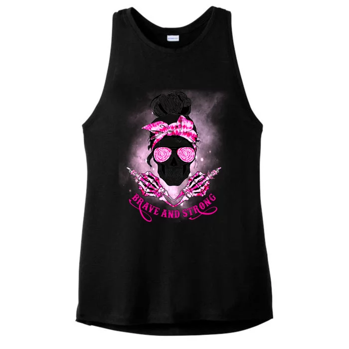 Brave And Strong Skull Mom Messy Bun Breast Cancer Awareness Gift Ladies Tri-Blend Wicking Tank