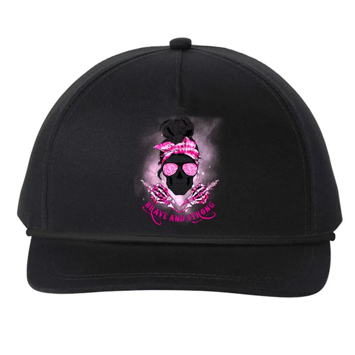 Brave And Strong Skull Mom Messy Bun Breast Cancer Awareness Gift Snapback Five-Panel Rope Hat