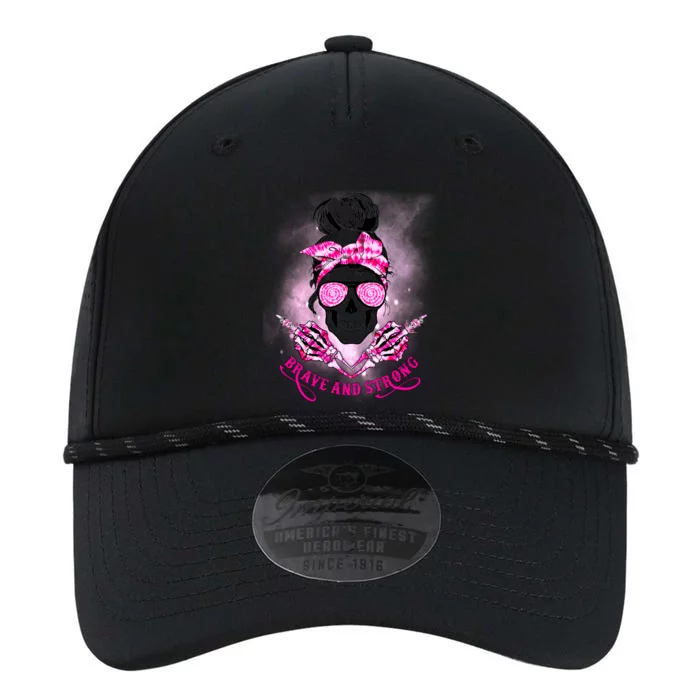 Brave And Strong Skull Mom Messy Bun Breast Cancer Awareness Gift Performance The Dyno Cap