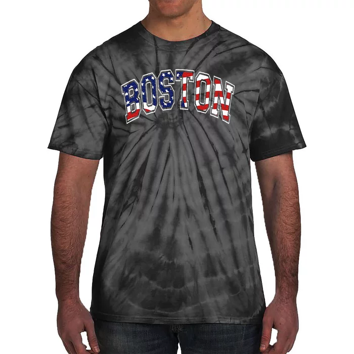 Boston Arched Style Text American Flag Pattern Tie-Dye T-Shirt