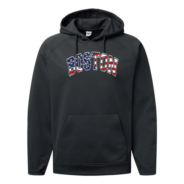 Boston Arched Style Text American Flag Pattern Performance Fleece Hoodie