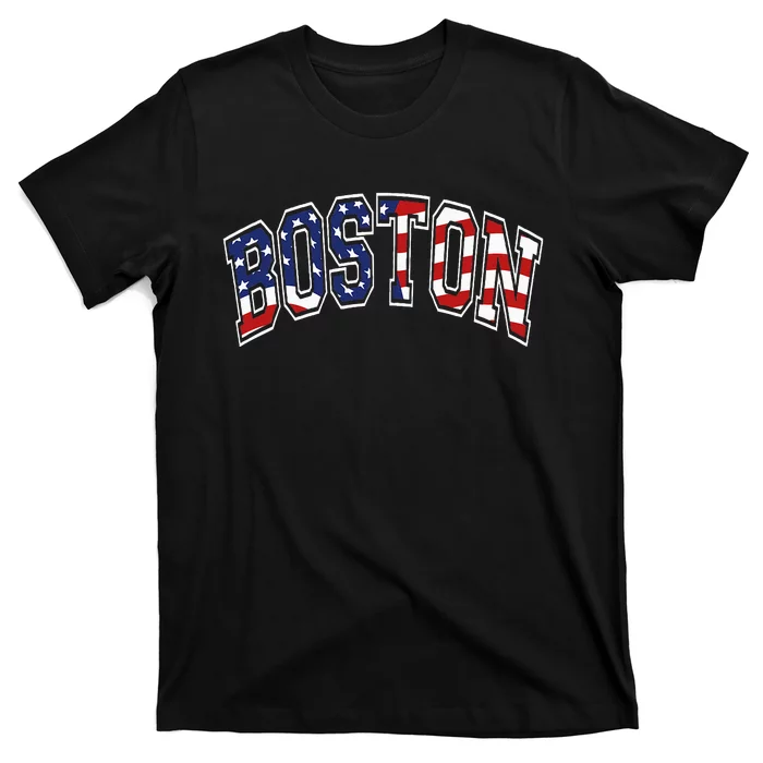 Boston Arched Style Text American Flag Pattern T-Shirt