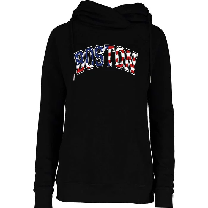 Boston Arched Style Text American Flag Pattern Womens Funnel Neck Pullover Hood