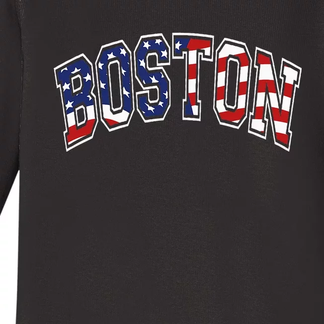 Boston Arched Style Text American Flag Pattern Baby Long Sleeve Bodysuit