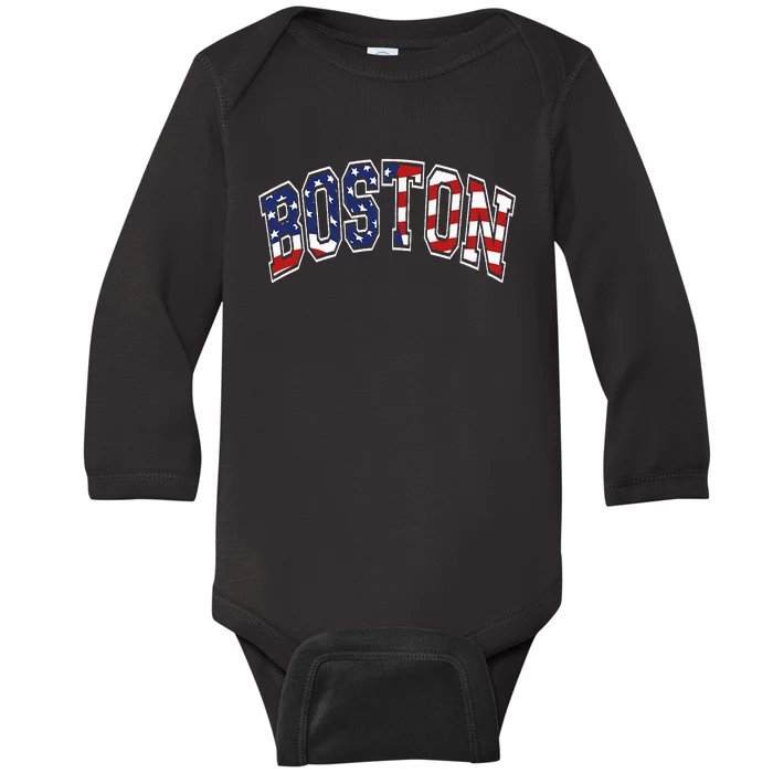 Boston Arched Style Text American Flag Pattern Baby Long Sleeve Bodysuit