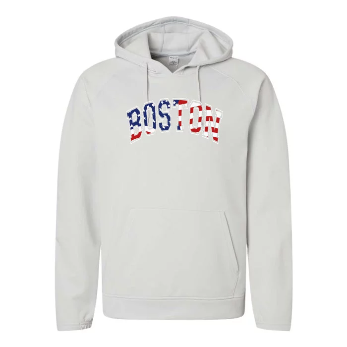 Boston Arched Style Text American Flag Pattern Performance Fleece Hoodie