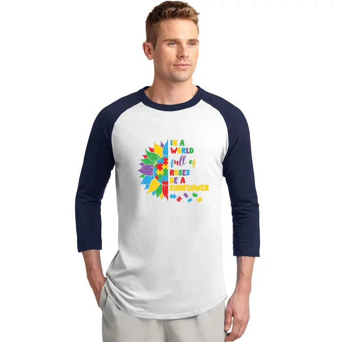 Be A Sunflower Autism Puzzles Gift Autism Awareness Day Baseball Sleeve Shirt