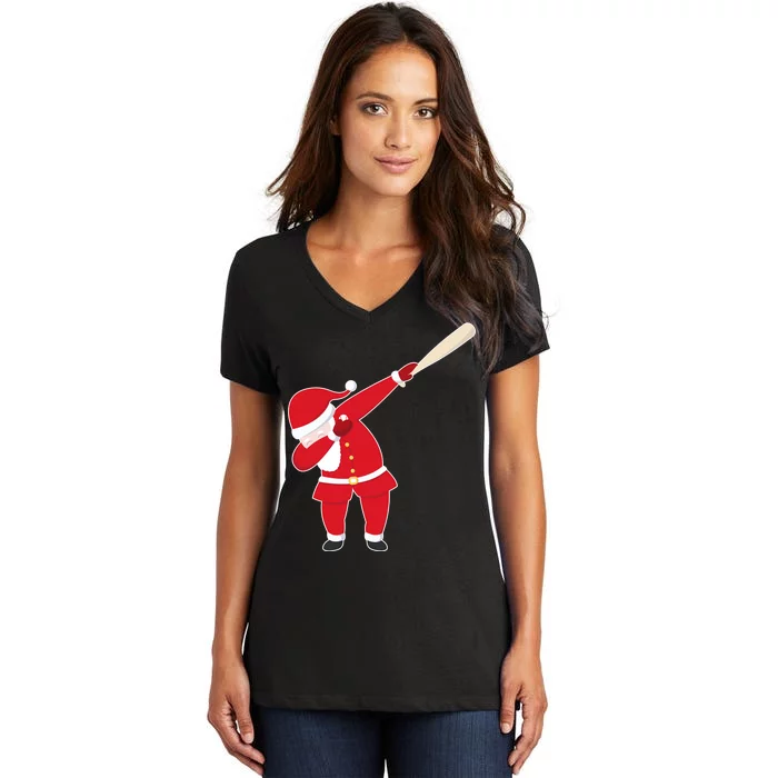 Baseball Bat Dabbing Santa Women's V-Neck T-Shirt