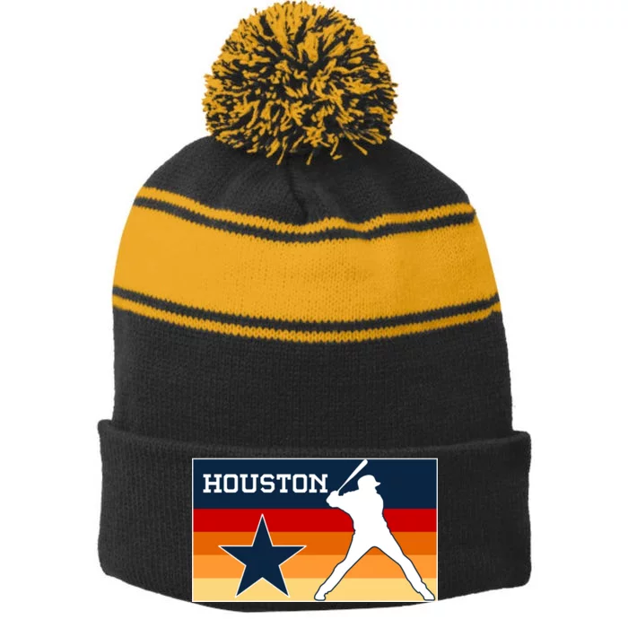 Baseball Player Silhouette Houston Flag Stripe Pom Pom Beanie