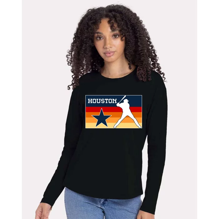 Baseball Player Silhouette Houston Flag Womens Cotton Relaxed Long Sleeve T-Shirt