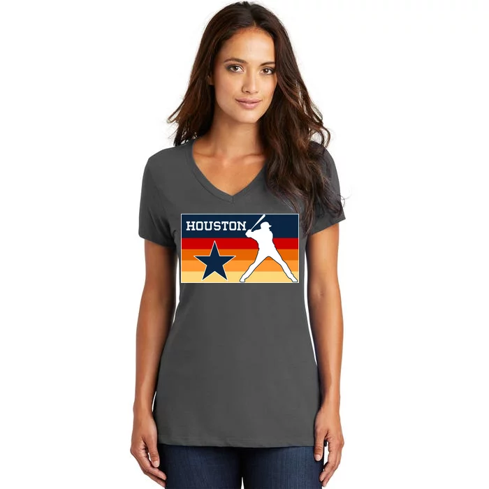 Baseball Player Silhouette Houston Flag Women's V-Neck T-Shirt