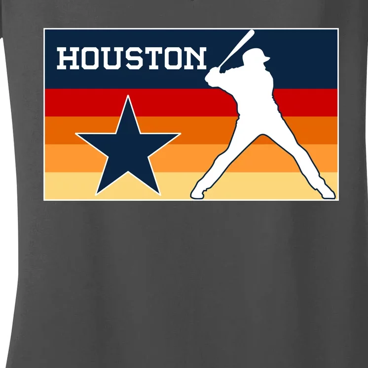 Baseball Player Silhouette Houston Flag Women's V-Neck T-Shirt