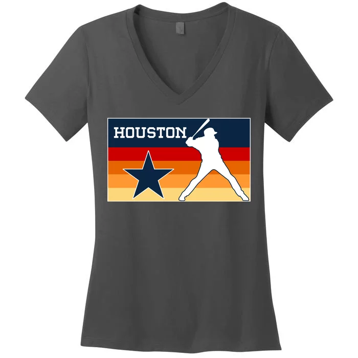 Baseball Player Silhouette Houston Flag Women's V-Neck T-Shirt