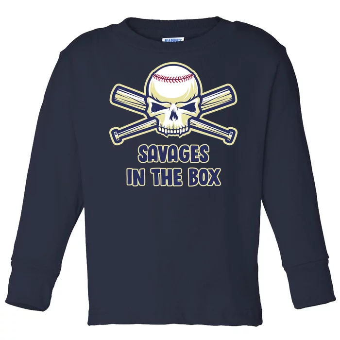 Baseball Skull Savages In The Box Toddler Long Sleeve Shirt