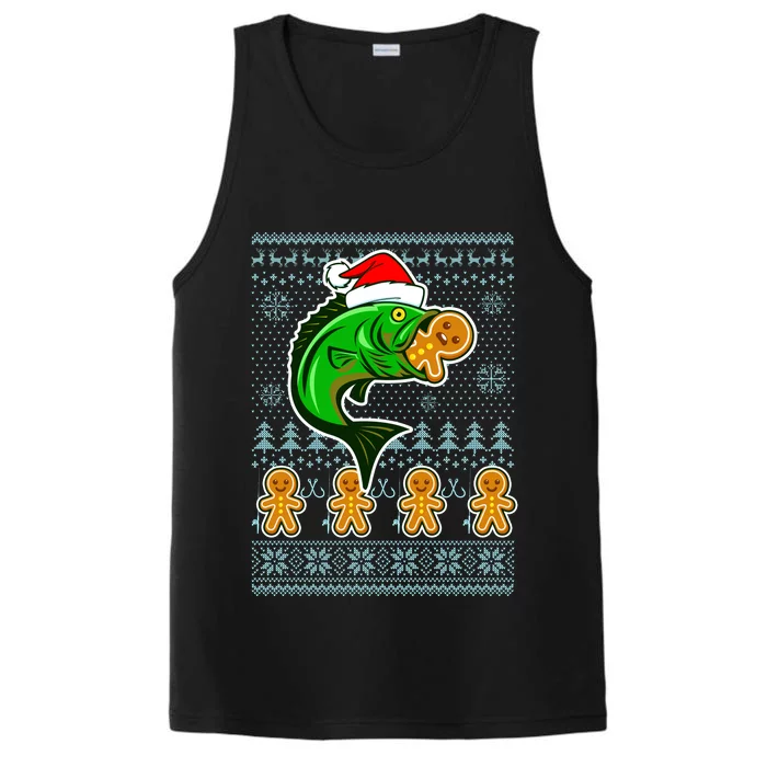 Bass Fish Eating Gingerbread Man Ugly Christmas Fishing Performance Tank