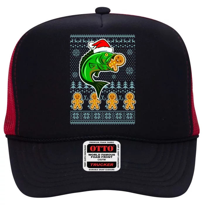 Bass Fish Eating Gingerbread Man Ugly Christmas Fishing High Crown Mesh Trucker Hat