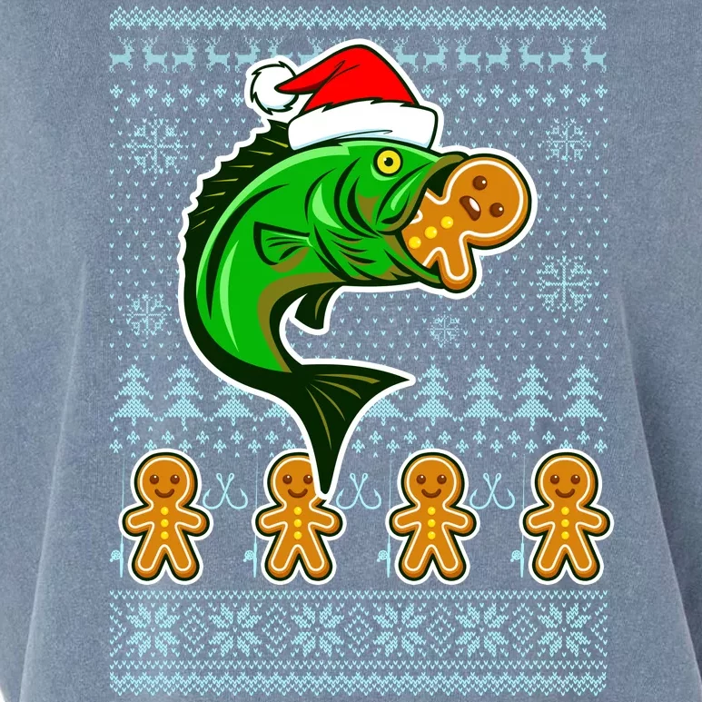 Bass Fish Eating Gingerbread Man Ugly Christmas Fishing Garment-Dyed Women's Muscle Tee