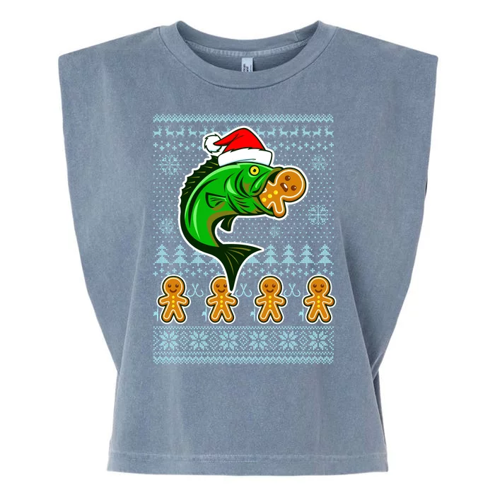 Bass Fish Eating Gingerbread Man Ugly Christmas Fishing Garment-Dyed Women's Muscle Tee