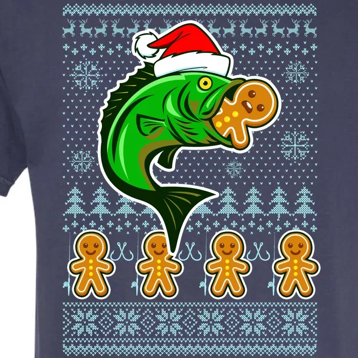 Bass Fish Eating Gingerbread Man Ugly Christmas Fishing Garment-Dyed Heavyweight T-Shirt